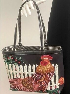 Isabella Fiore Black Embroidered Rooster Tote